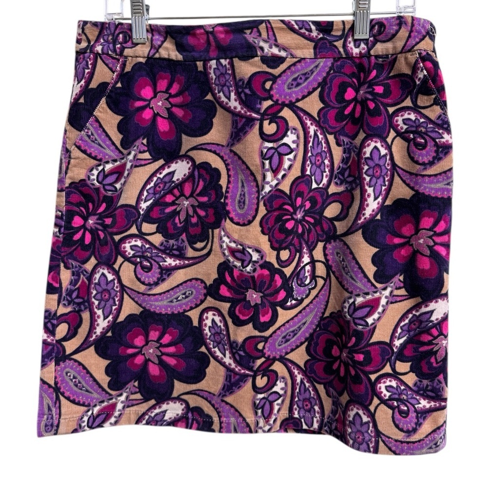 Ann Taylor Petites Corduroy Skirt 8P Floral Paisley Print Tan Purple Pink